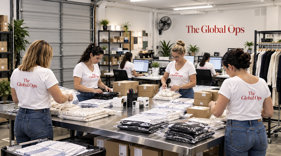 The Global Ops team handling garments and preparing packages