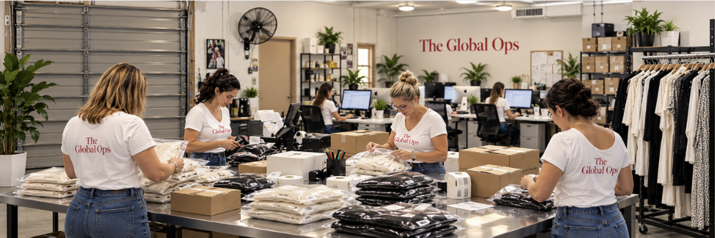 Packing workstations and garment racks at The Global Ops