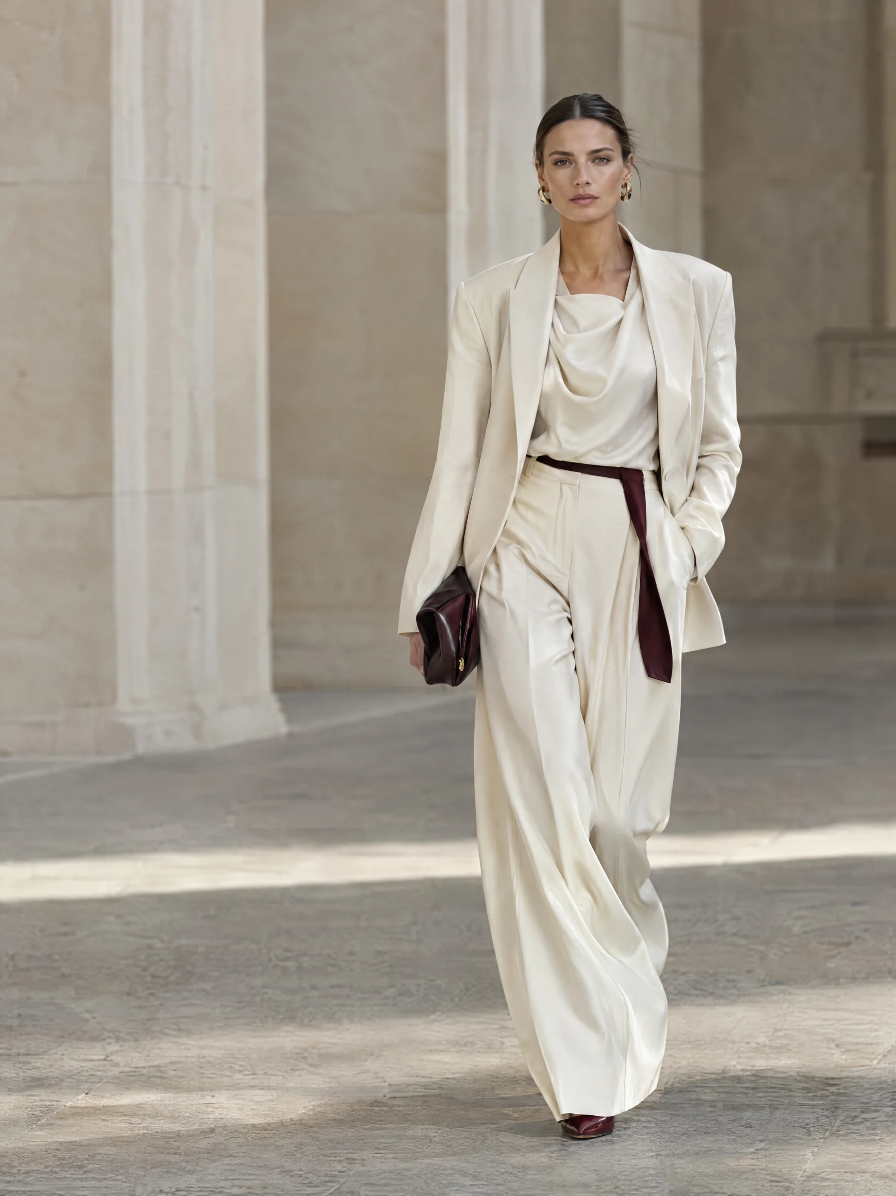 A model presenting an ivory tailored outfit in an architectural setting
