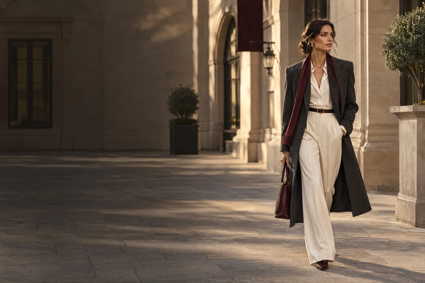 Fashion editorial showing a tailored look on a city street