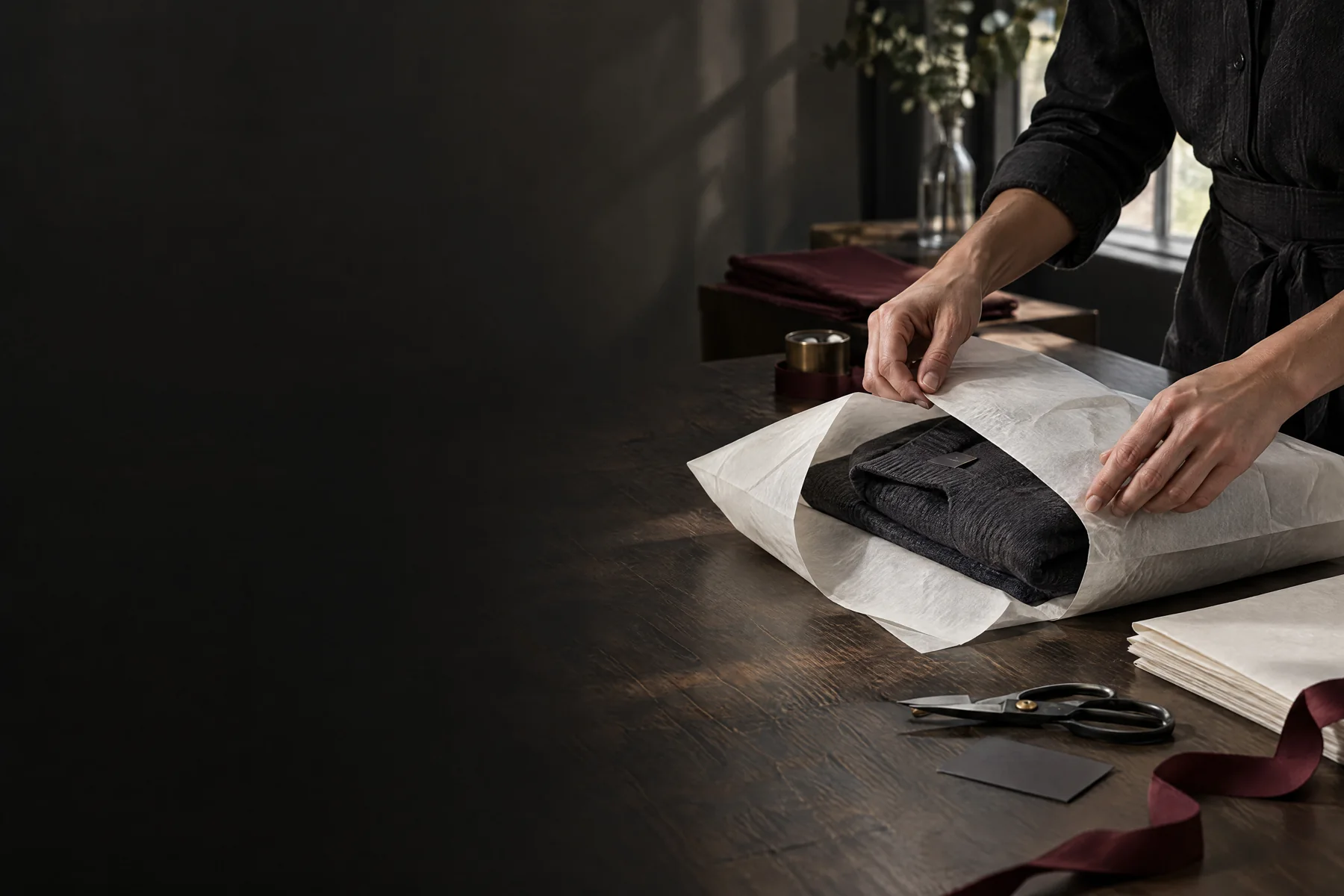 A garment being wrapped with attention to product condition and presentation